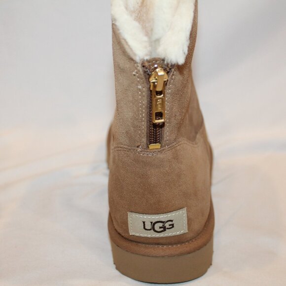 UGG WOMEN'S MINI ZIP SUEDE SHEARLING LINED ANKLE BOOTS CHESTNUT NEW - Picture 9 of 10